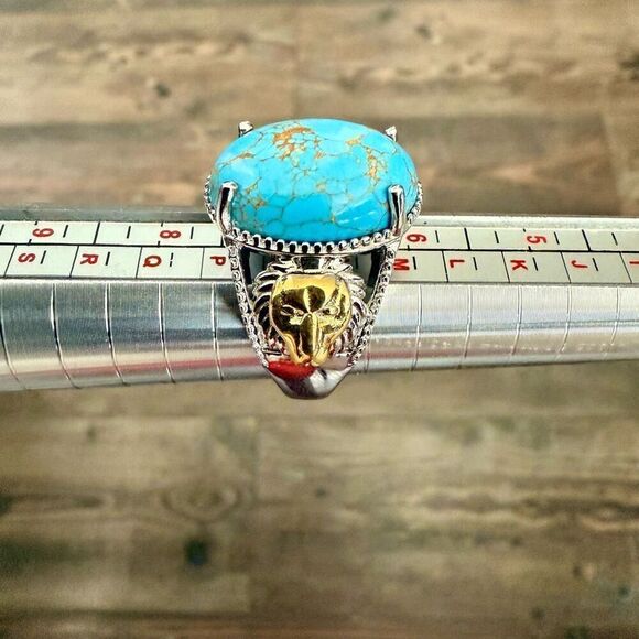 Mojave Blue Turquoise Lion Motif Statement Ring Bold Southwestern Style - Picture 4 of 6